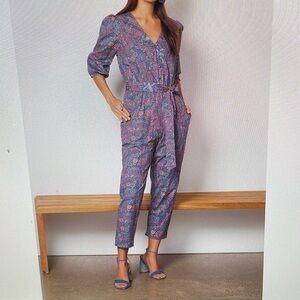 Evereve Ember Belted Jumpsuit SZ S Purple Floral Puff Sleeve Cropped Teal Pocket